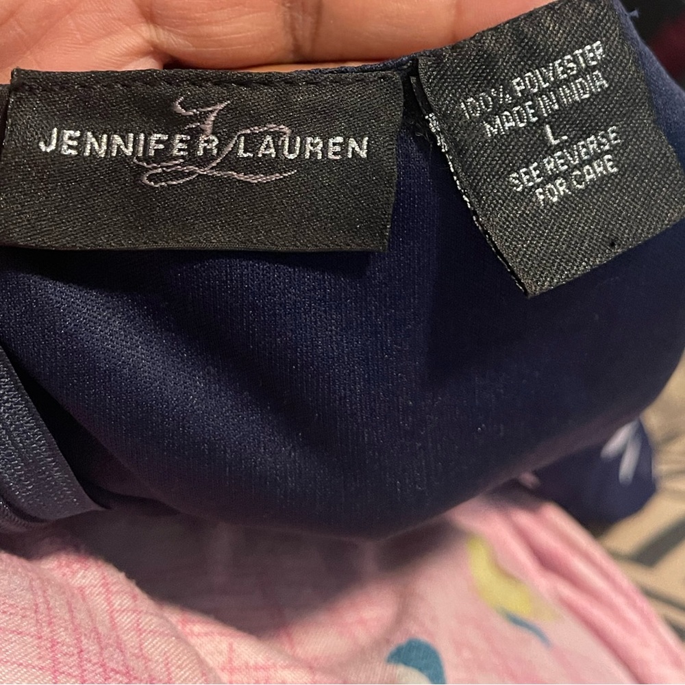 Jennifer Lauren navy blue polka dot handkerchief hem dress size L tie at waist - Picture 10 of 11